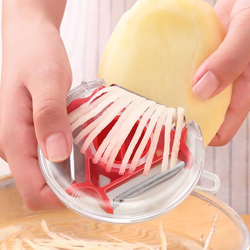 Three in One Vegetable Peeler for Peeling, Shredding and Slicing with a Blade Cover and Finger Guard
