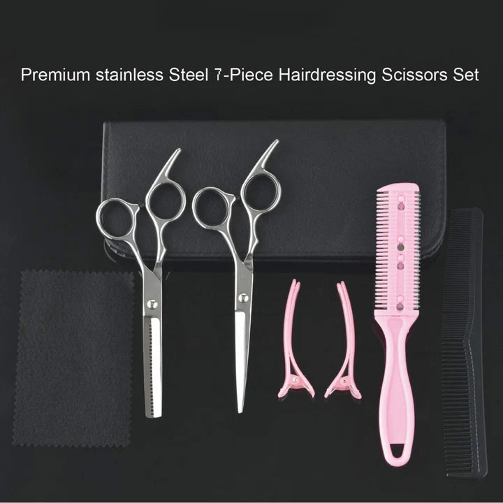 Haircutting Scissors and Thinning Shears Set with Finger Rests, Rubber Inserts and an Adjustable Tension Screw