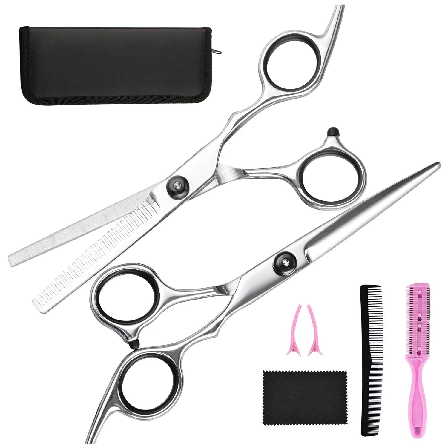Haircutting Scissors and Thinning Shears Set with Finger Rests, Rubber Inserts and an Adjustable Tension Screw