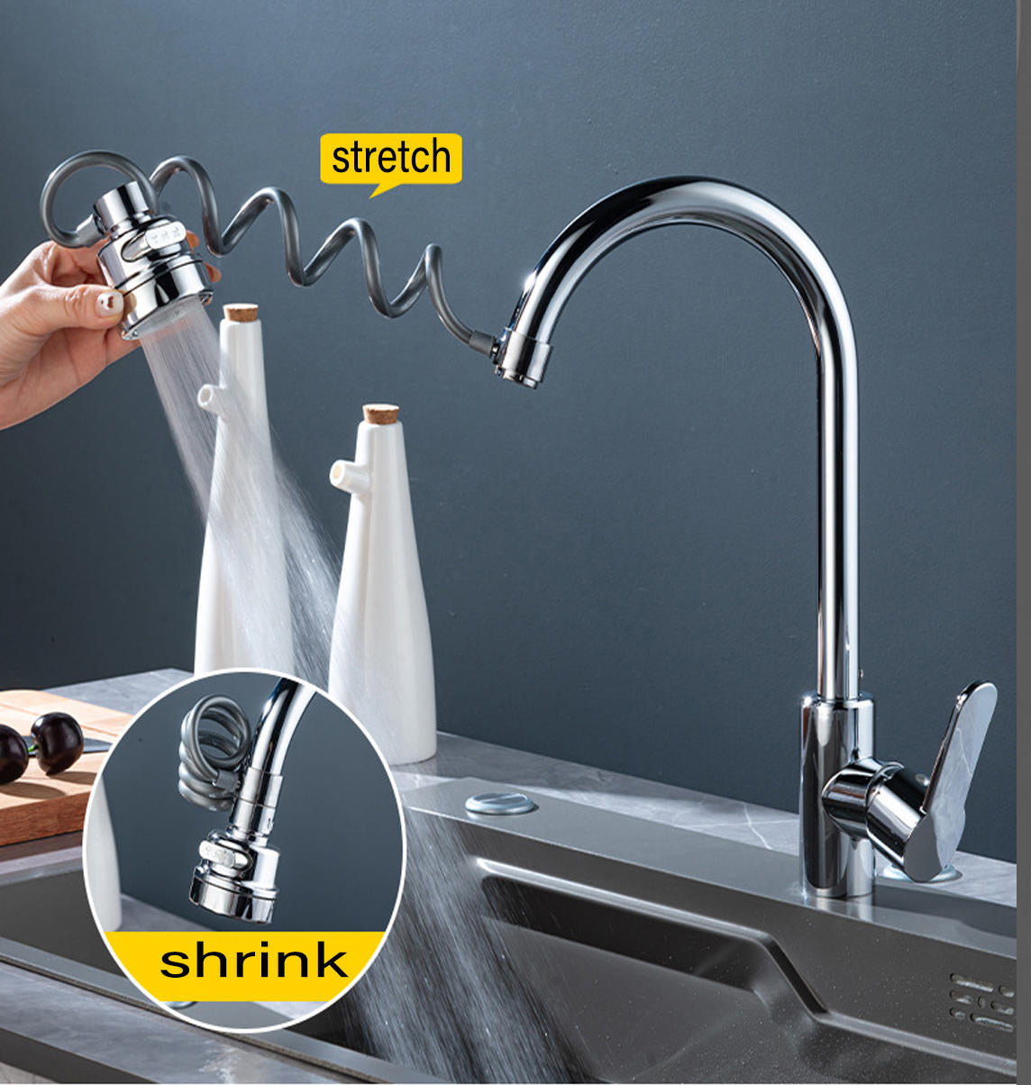 Faucet Extender with a 360 Degree Swivel, a Stretch Hose, Three Spray Modes and a Built In Filter