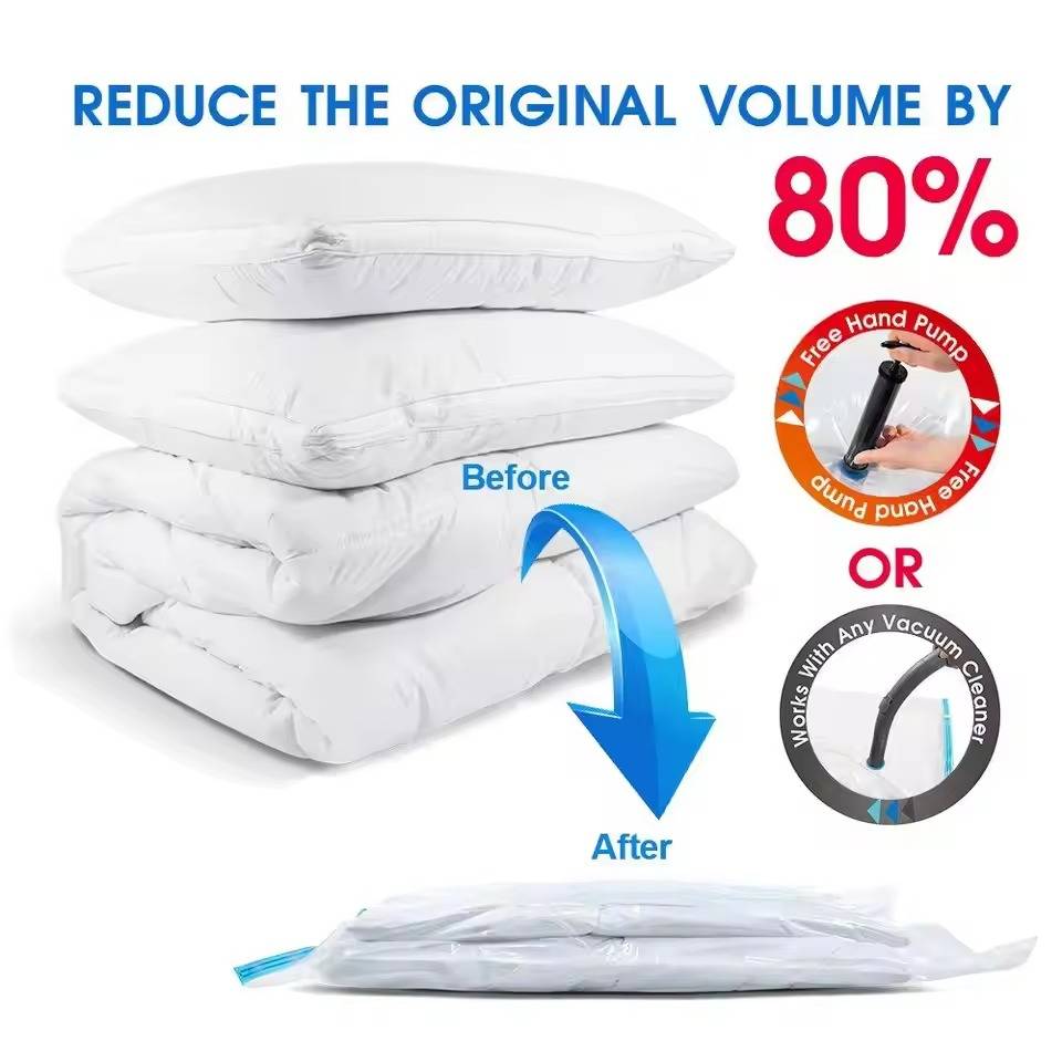 Clothes Vacuum Storage Bags in Four Sizes with Dual Zip Closure, Clear Walls and a Hand Pump