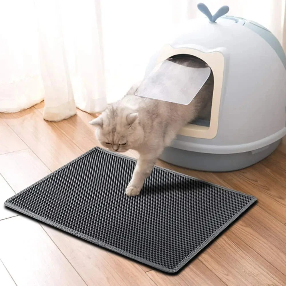 Two Layer Honeycomb Litter Mat in Gray EVA That Folds into a Funnel for Pouring Litter Back