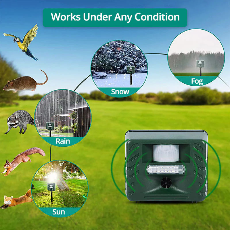 Solar Powered Ultrasonic Animal Repeller with a Motion Sensor That Covers 170 Degrees up to 70 Feet