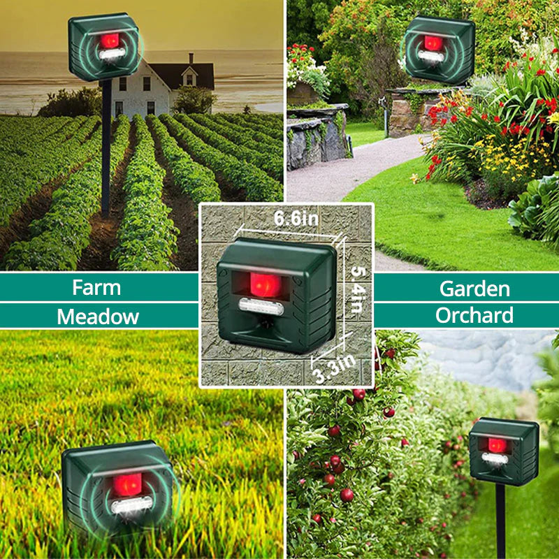 Solar Powered Ultrasonic Animal Repeller with a Motion Sensor That Covers 170 Degrees up to 70 Feet